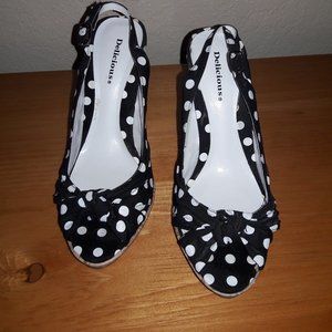 BLACK WITH WHITE POKA DOT 4" SLING OPEN TOED SHOES